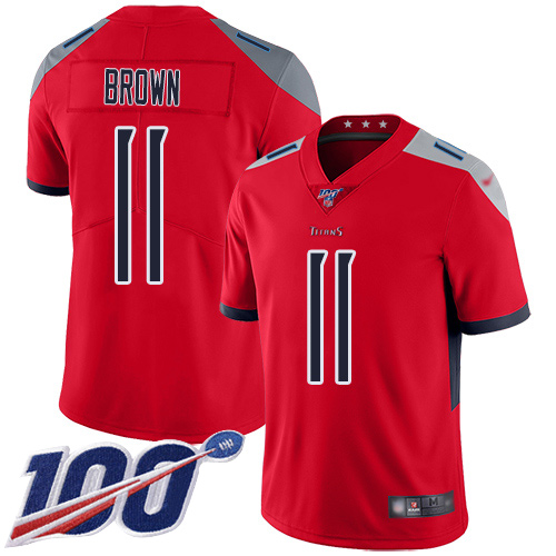 Men's Tennessee Titans #11 A.J. Brown 2019 100th Season Red Stitched Inverted Legend Jersey